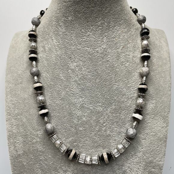 Stunning Agate Picasso Jasper Freshwater Pearl Beaded Necklace Silver Plated - Picture 2 of 7